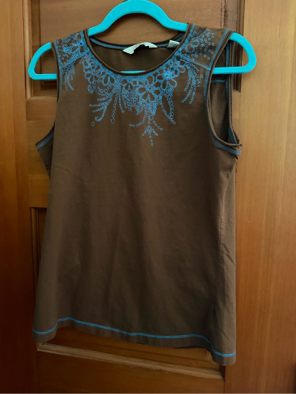 Brown Sleeveless Tank Top with Blue Embroidered Neckline